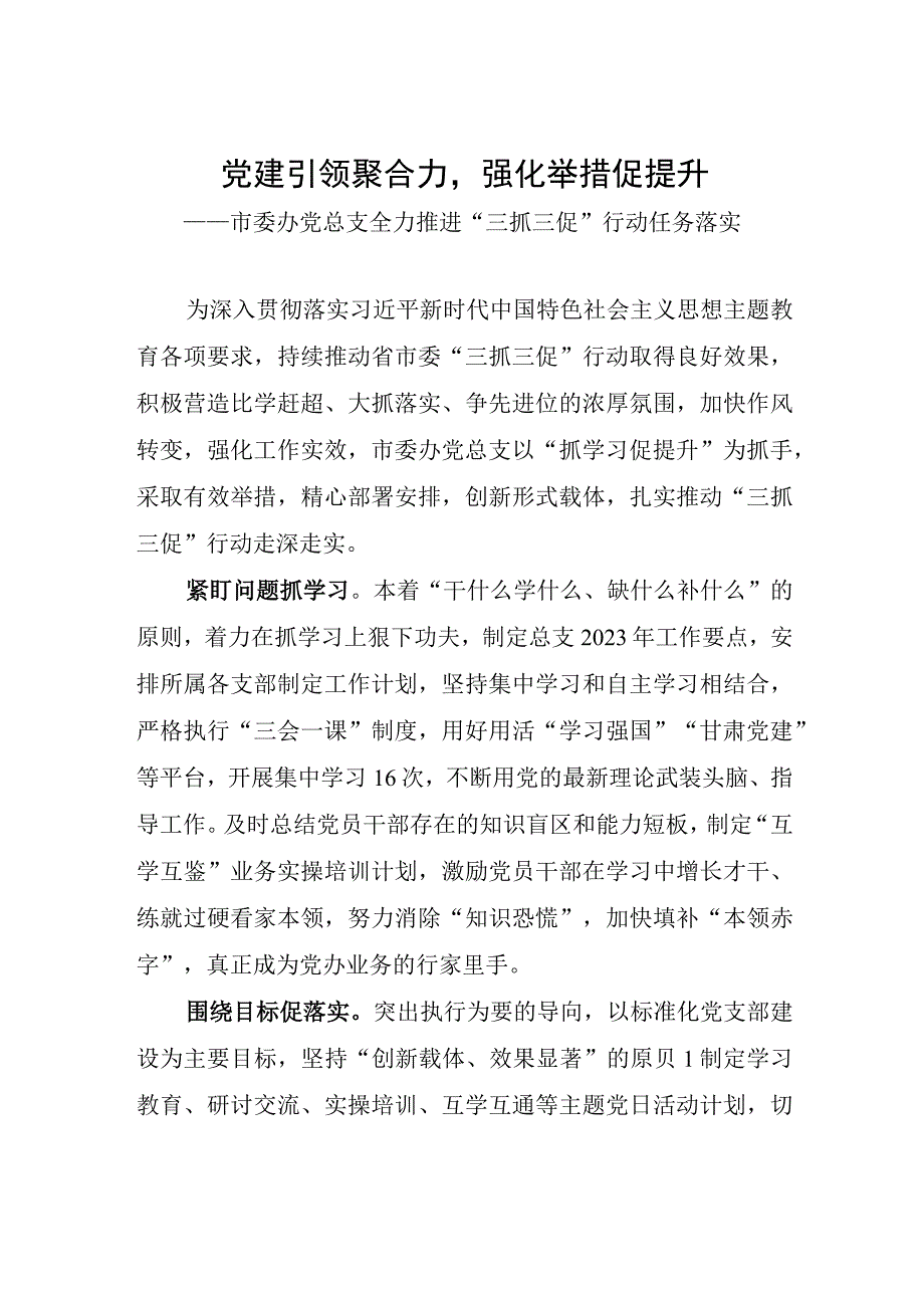 经验交流发言市委办党总支全力推进三抓三促行动任务落实党建引领聚合力强化举措促提升.docx_第1页