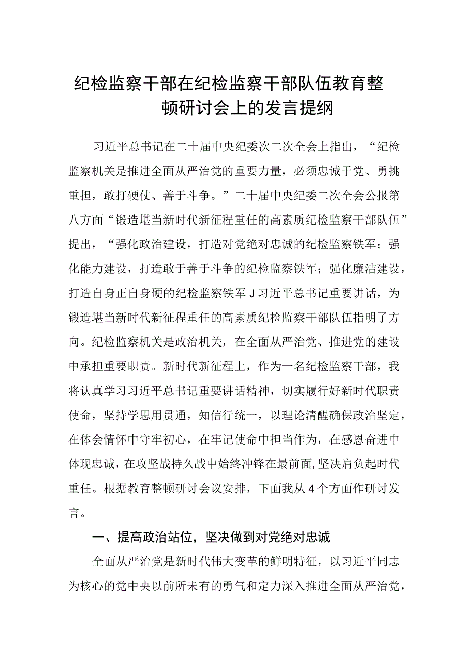 纪检监察干部在纪检监察干部队伍教育整顿研讨会上的发言提纲三篇.docx_第1页