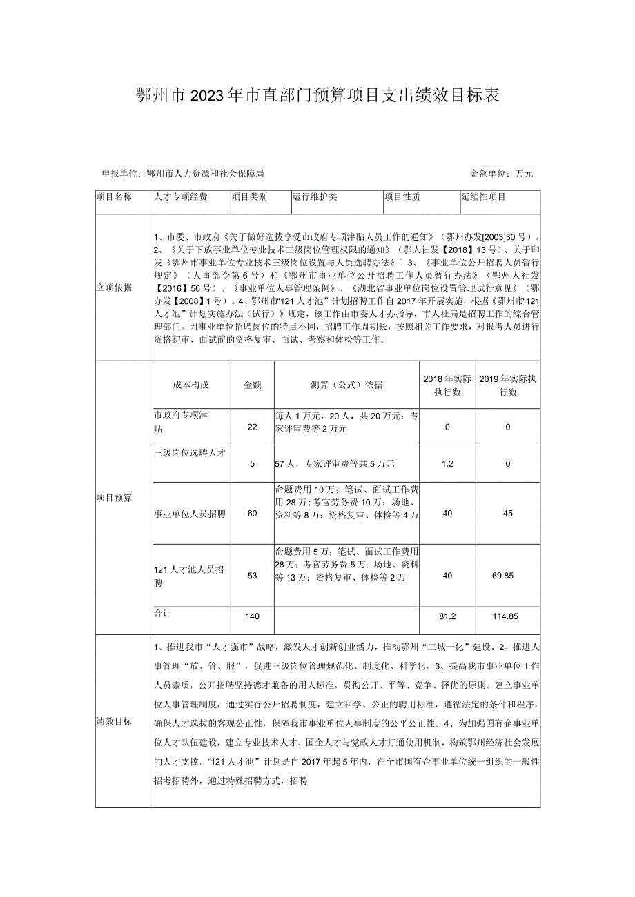 鄂州市2023年市直部门预算项目支出绩效目标表.docx_第1页