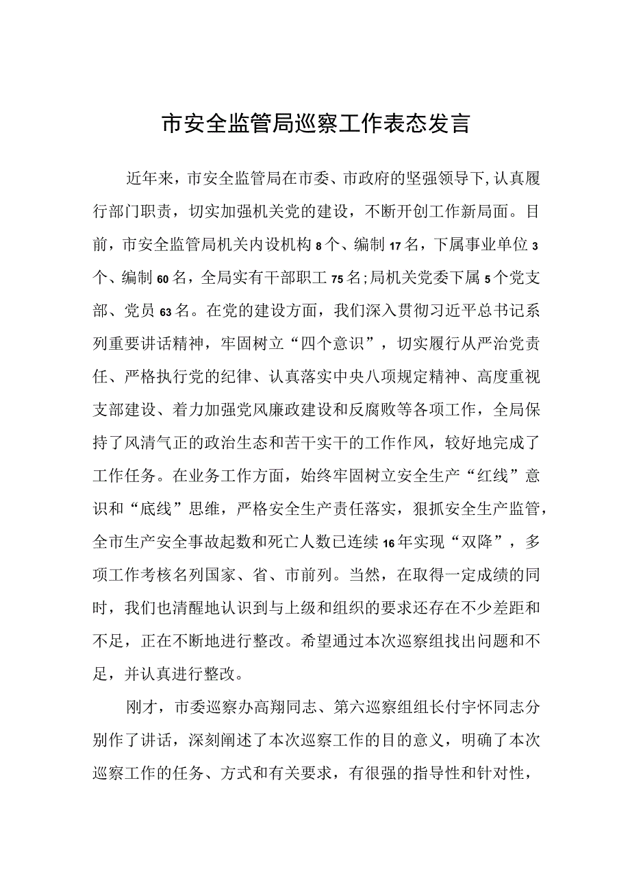 市安全监管局巡察工作表态发言.docx_第1页