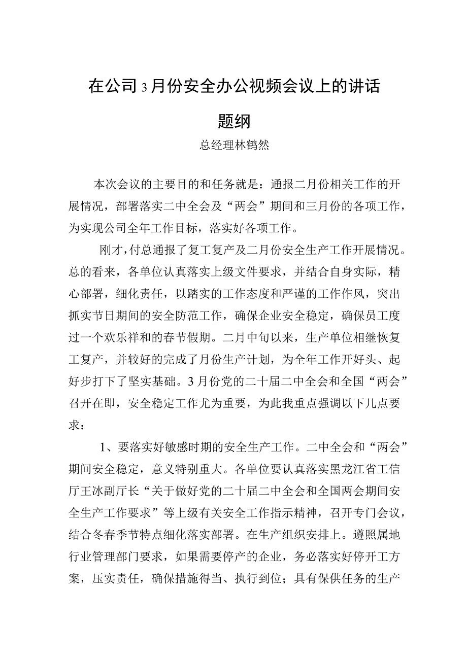 林鹤然总经理在：公司3月份安全办公视频会议上的讲话题纲.docx_第1页