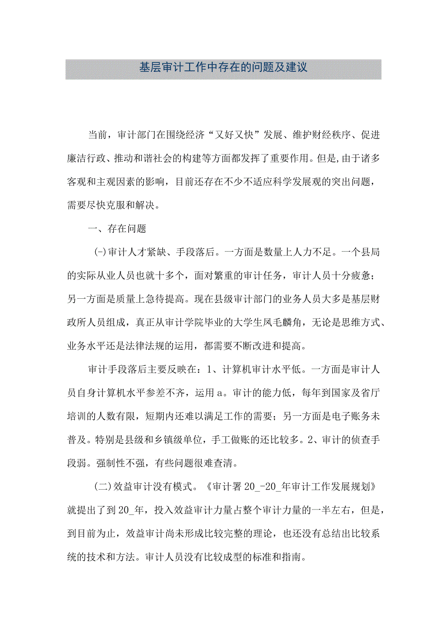 精品文档基层审计工作中存在的问题及建议整理版.docx_第1页