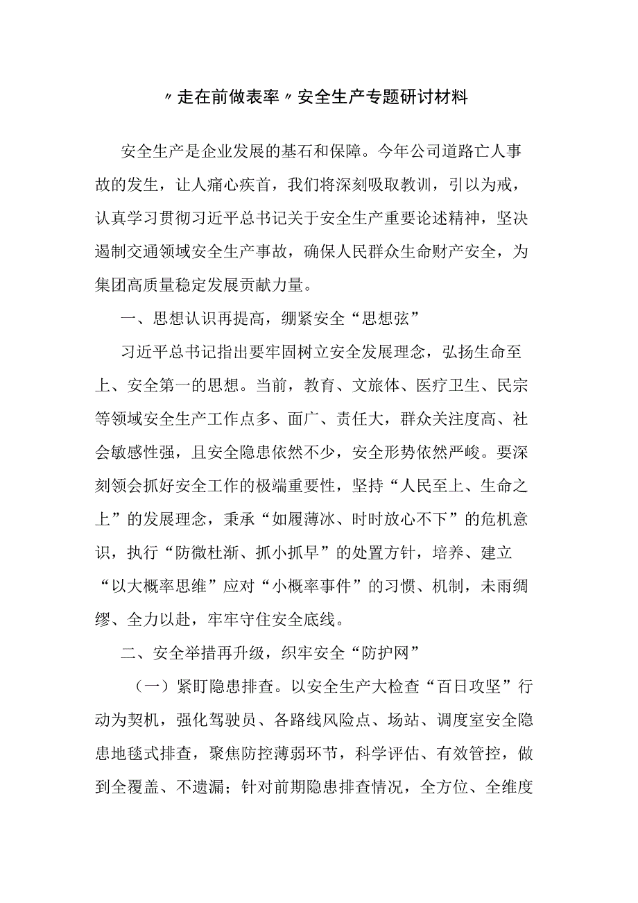 走在前做表率安全生产专题研讨材料.docx_第1页