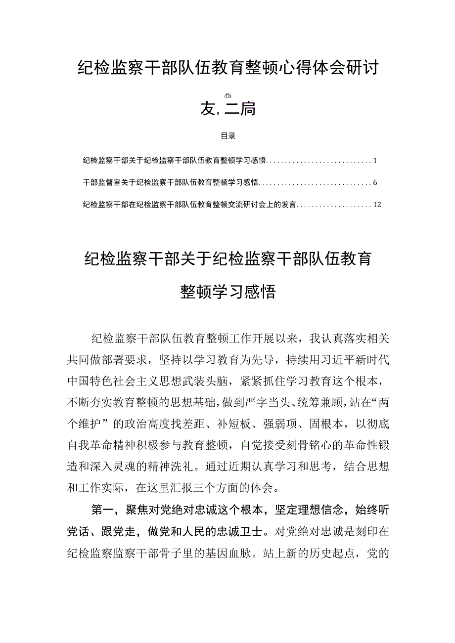 纪检监察干部队伍教育整顿心得体会研讨发言三篇.docx_第1页