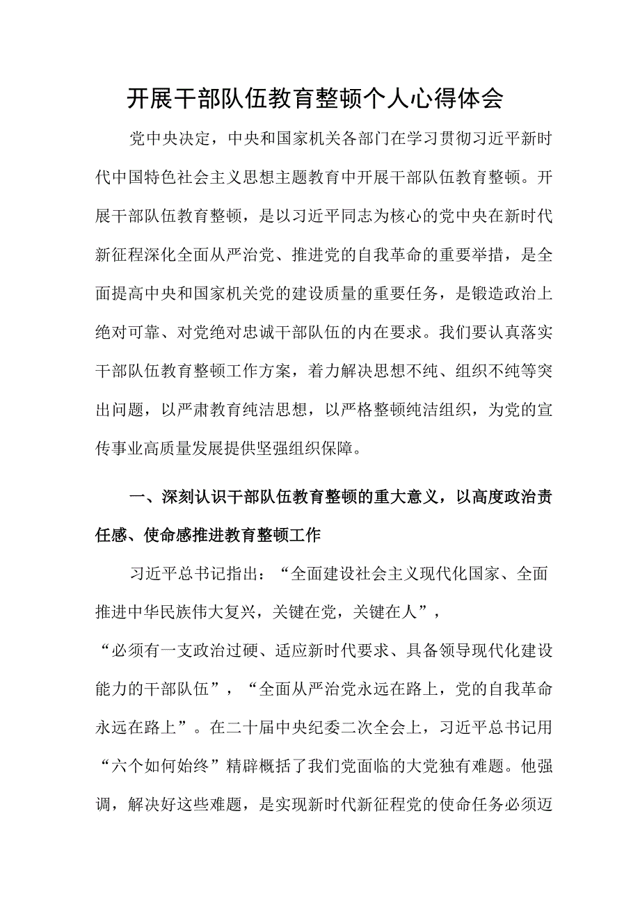 开展干部队伍教育整顿个人心得体会.docx_第1页