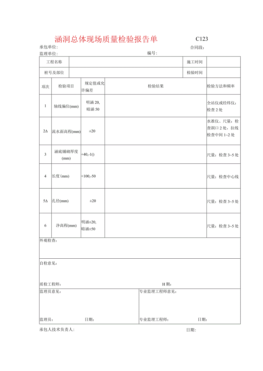 市政工程涵洞总体现场质量检验报告单示范文本.docx_第1页