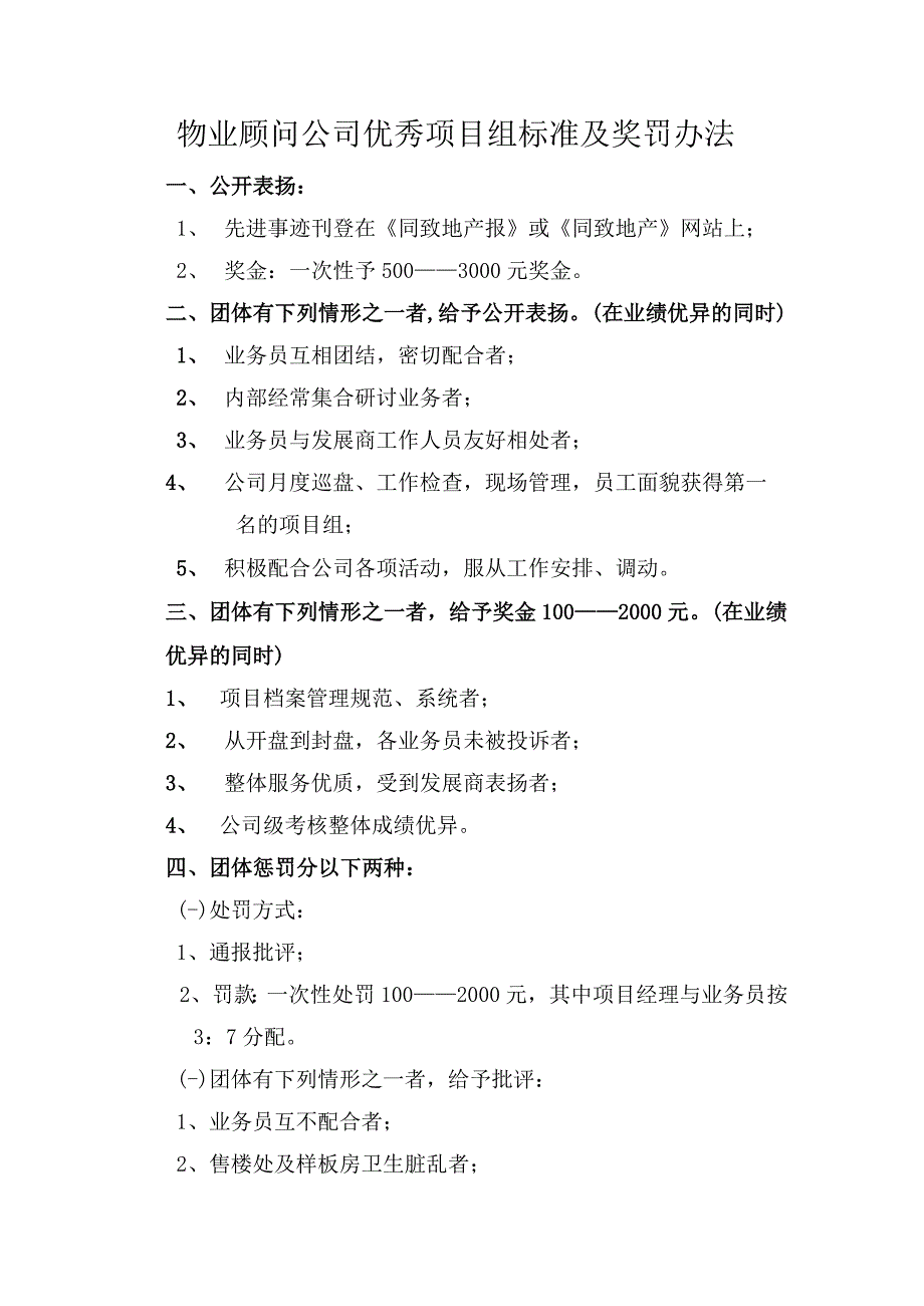 物业顾问公司优秀项目组标准及奖罚办法.docx_第1页