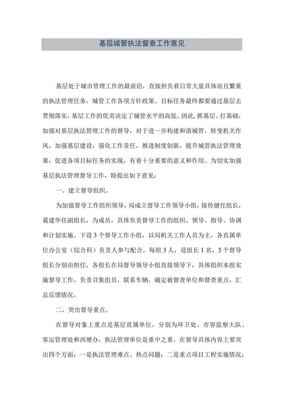 精品文档基层城管执法督查工作意见整理版.docx_第1页