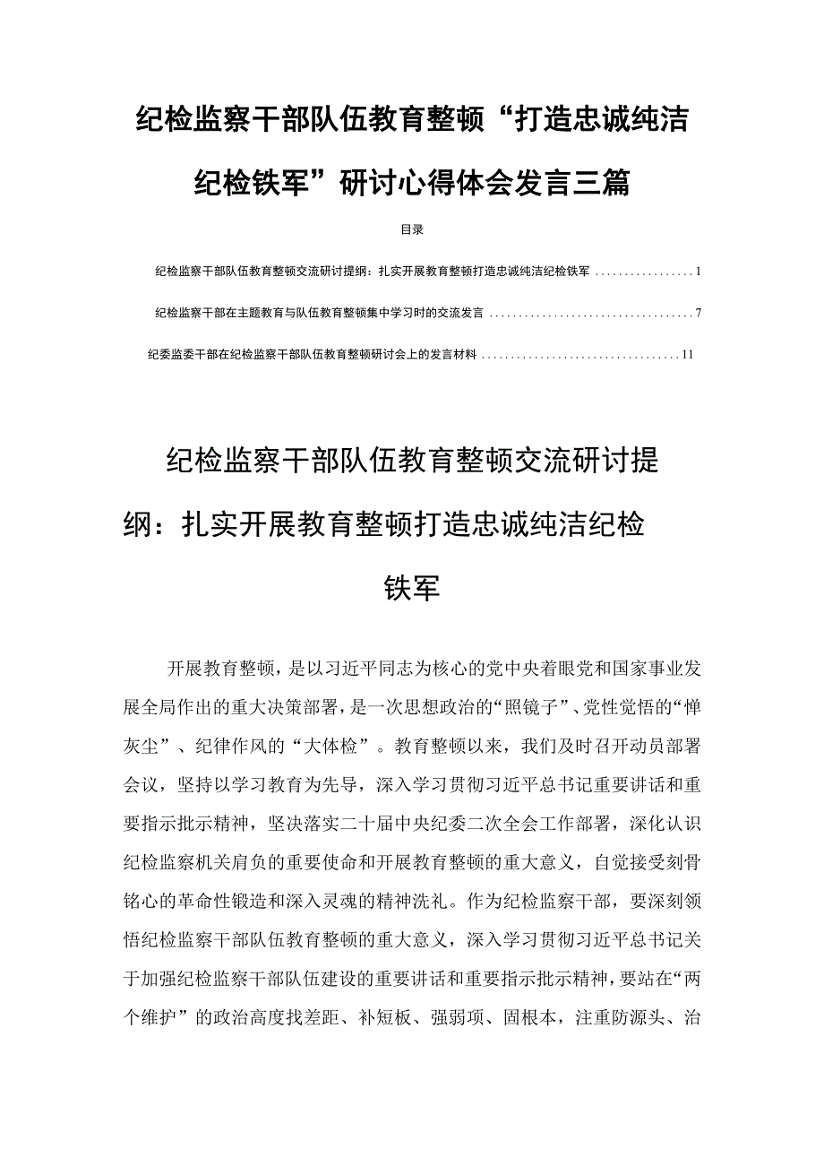 纪检监察干部队伍教育整顿打造忠诚纯洁纪检铁军研讨心得体会发言三篇.docx_第1页