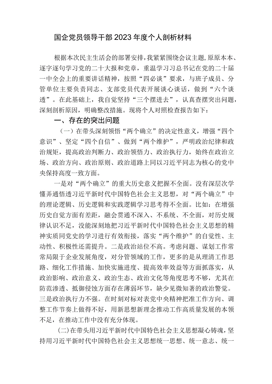 集团公司国企党委20232023年度生活会六个带头领导个人对照检查剖析材料.docx_第1页