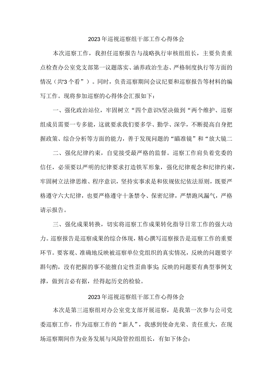 新区2023年纪检巡察组巡检工作个人心得体会 汇编9份_002.docx_第1页