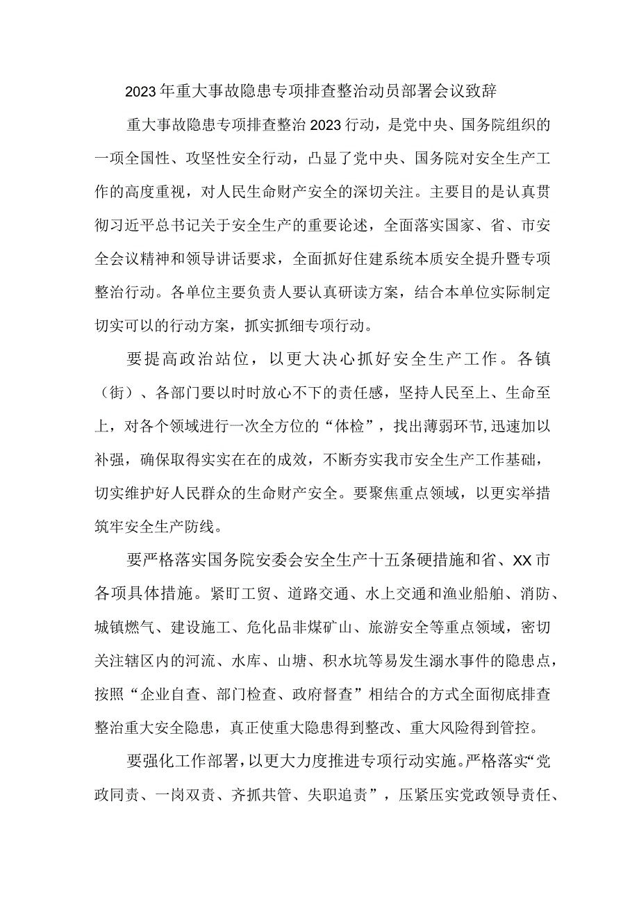 新版市区2023年重大事故隐患专项排查整治动员部署会议致辞 7份.docx_第1页