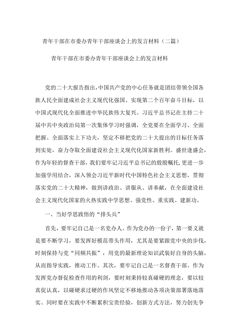 青年干部在市委办青年干部座谈会上的发言材料二篇.docx_第1页