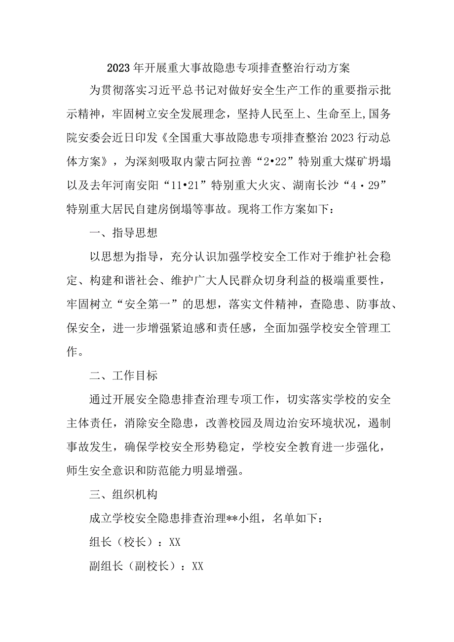 市区2023年开展重大事故隐患专项排查整治行动方案 6份.docx_第1页