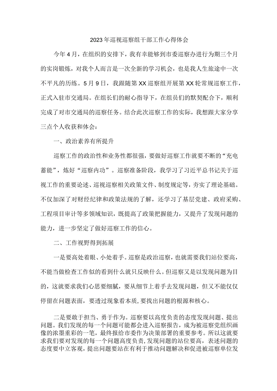 新区2023年纪检巡察组巡检工作个人心得体会 合计9份_001.docx_第1页