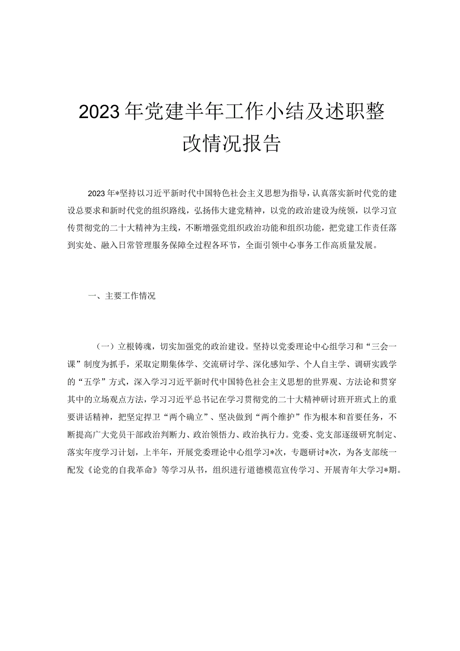 2023年党建半年工作小结及述职整改情况报告.docx_第1页