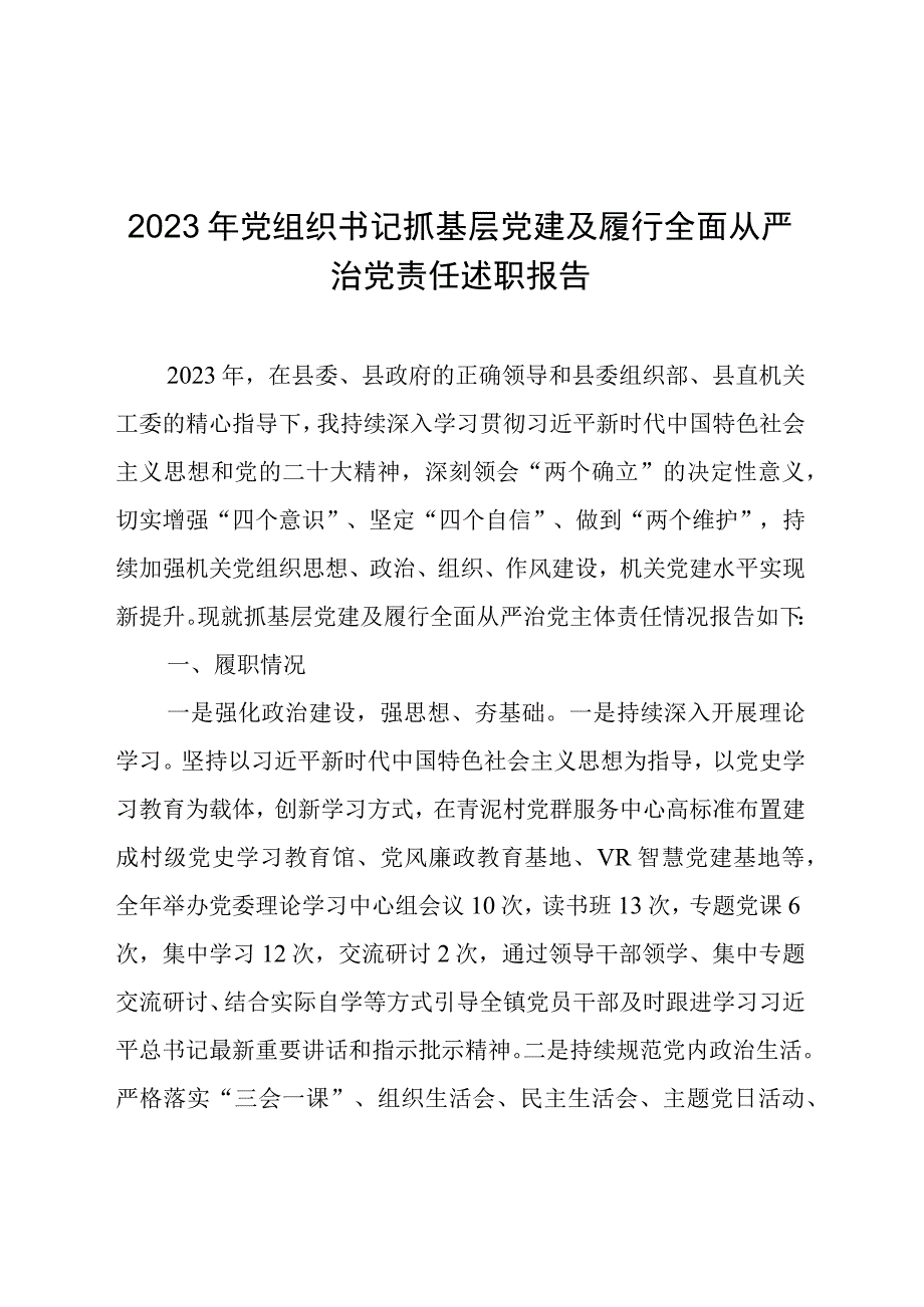 2022年党组织书记抓基层党建及履行全面从严治党责任述职报告.docx_第1页