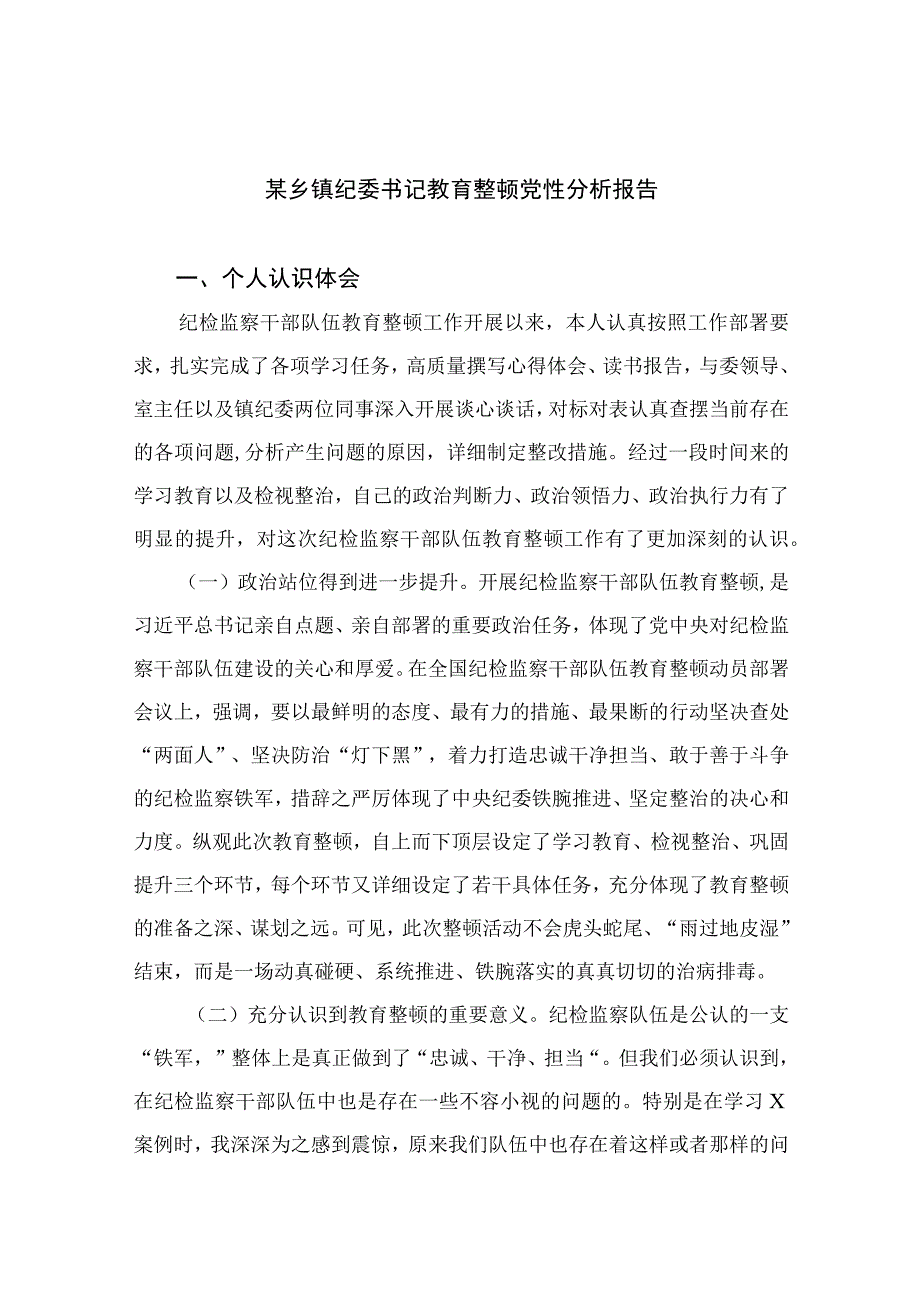 2023某乡镇纪委书记教育整顿党性分析报告4篇（精编版）.docx_第1页