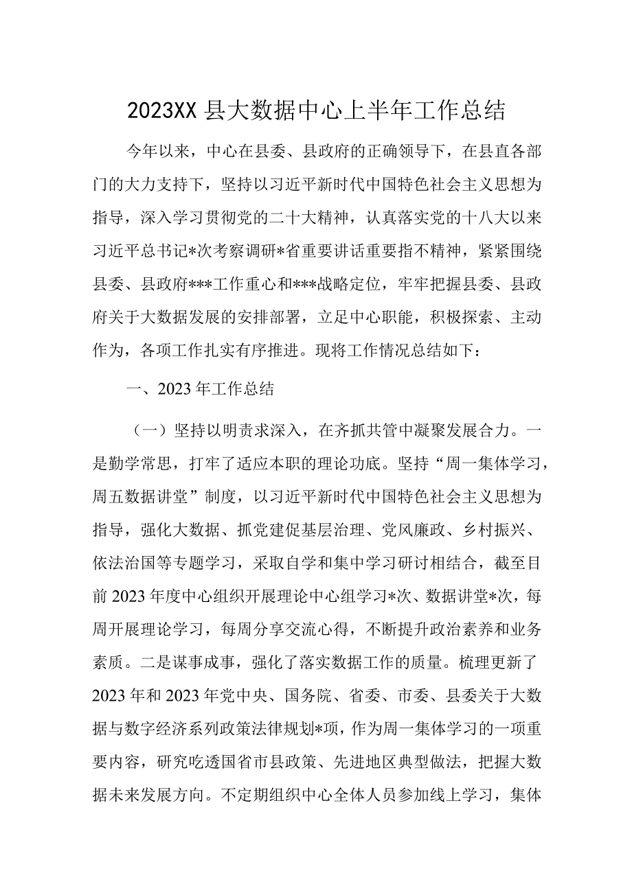 2023XX县大数据中心上半年工作总结.docx_第1页