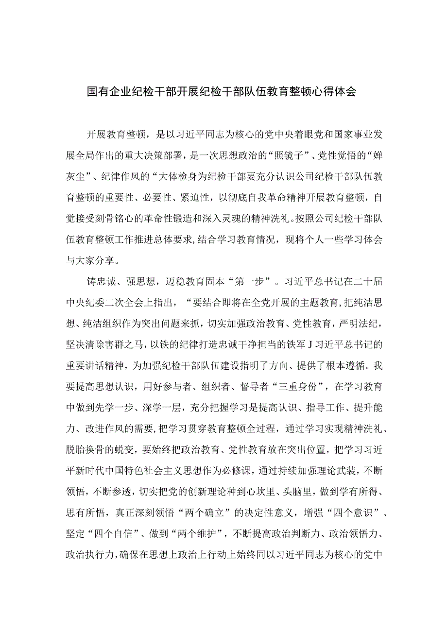 2023国有企业纪检干部开展纪检干部队伍教育整顿心得体会【10篇精选】供参考.docx_第1页