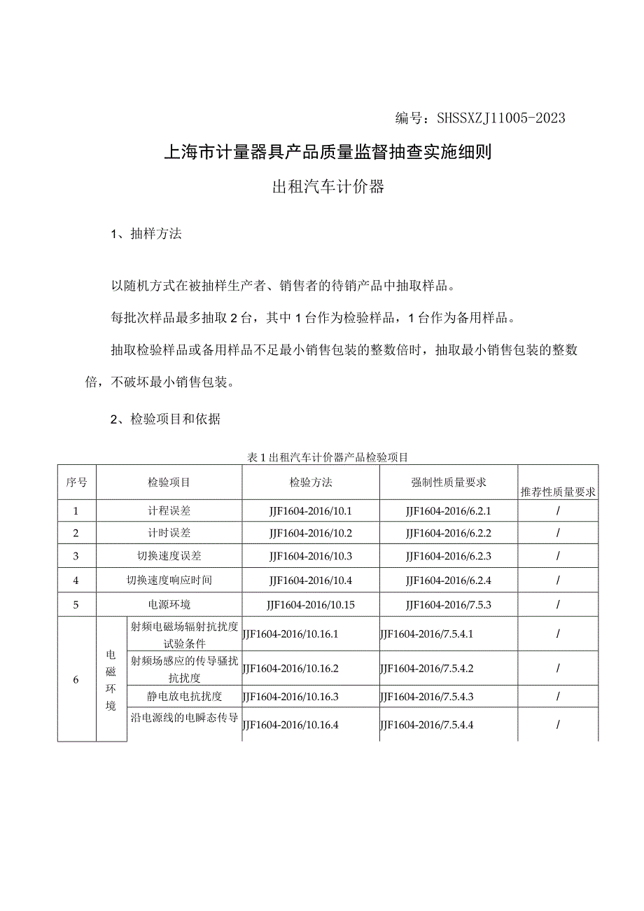 SHSSXZJL1005-2023上海市计量器具产品质量监督抽查实施细则（出租汽车计价器）.docx_第1页