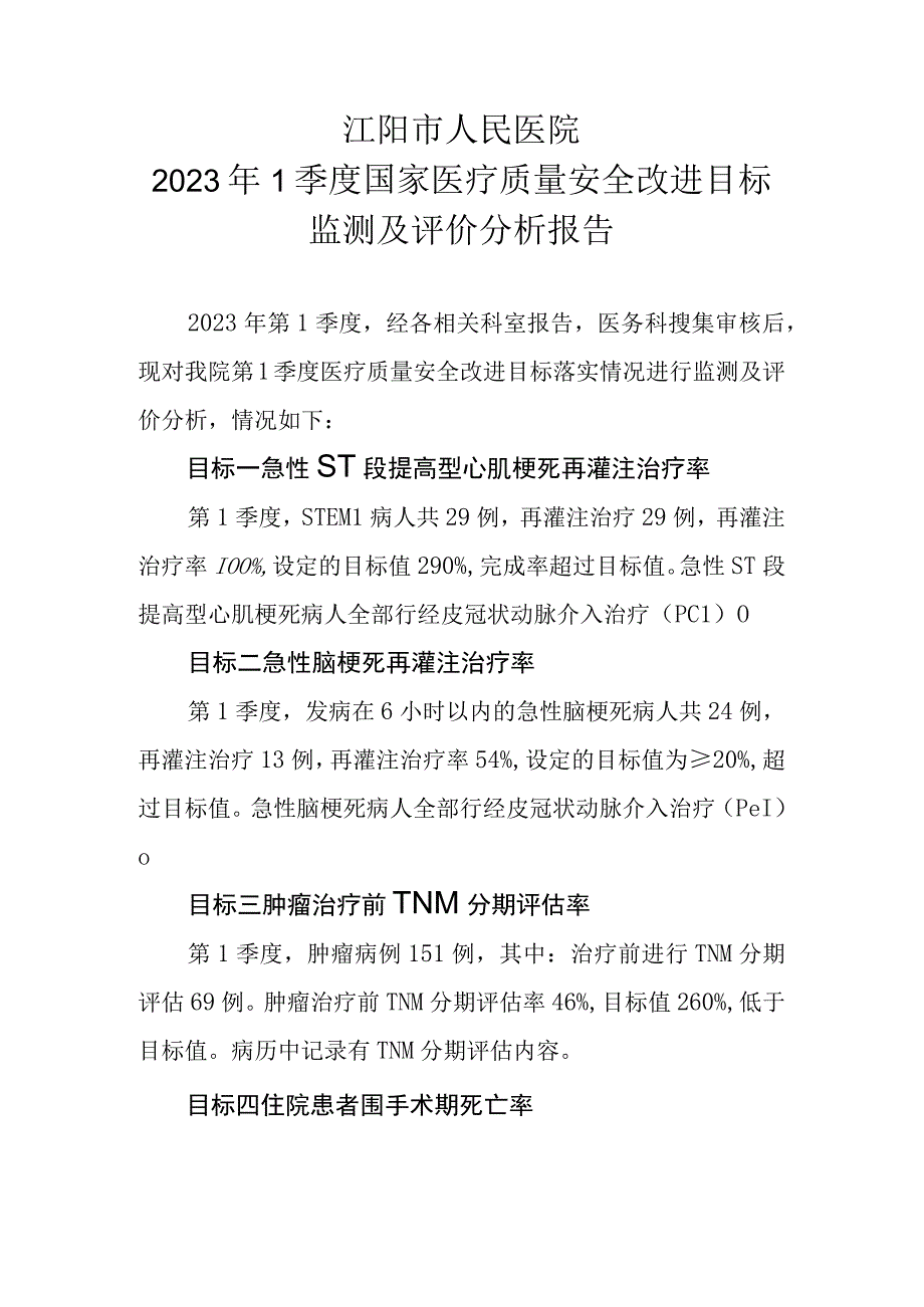 2023 1季度医院关于国家医疗质量安全改进目标监测评价分析报告.docx_第1页