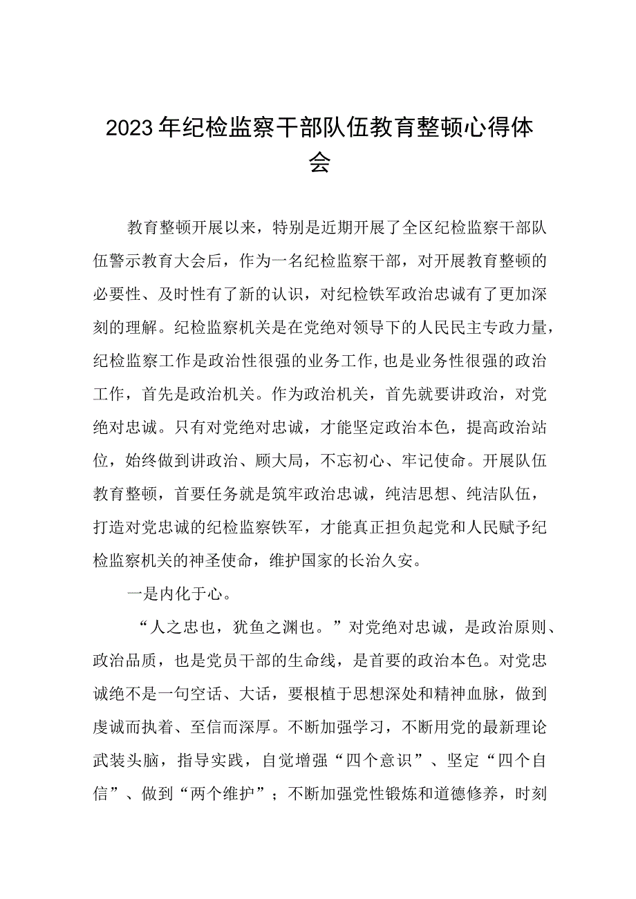 2023纪检监察干部队伍教育整顿活动心得体会发言材料六篇样本.docx_第1页