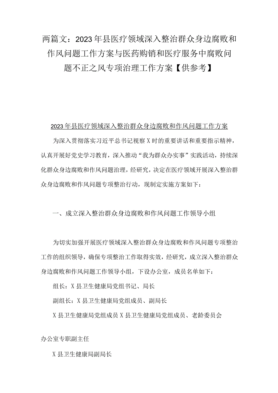 两篇文：2023年县医疗领域深入整治群众身边腐败和作风问题工作方案与医药购销和医疗服务中腐败问题不正之风专项治理工作方案【供参考】.docx_第1页