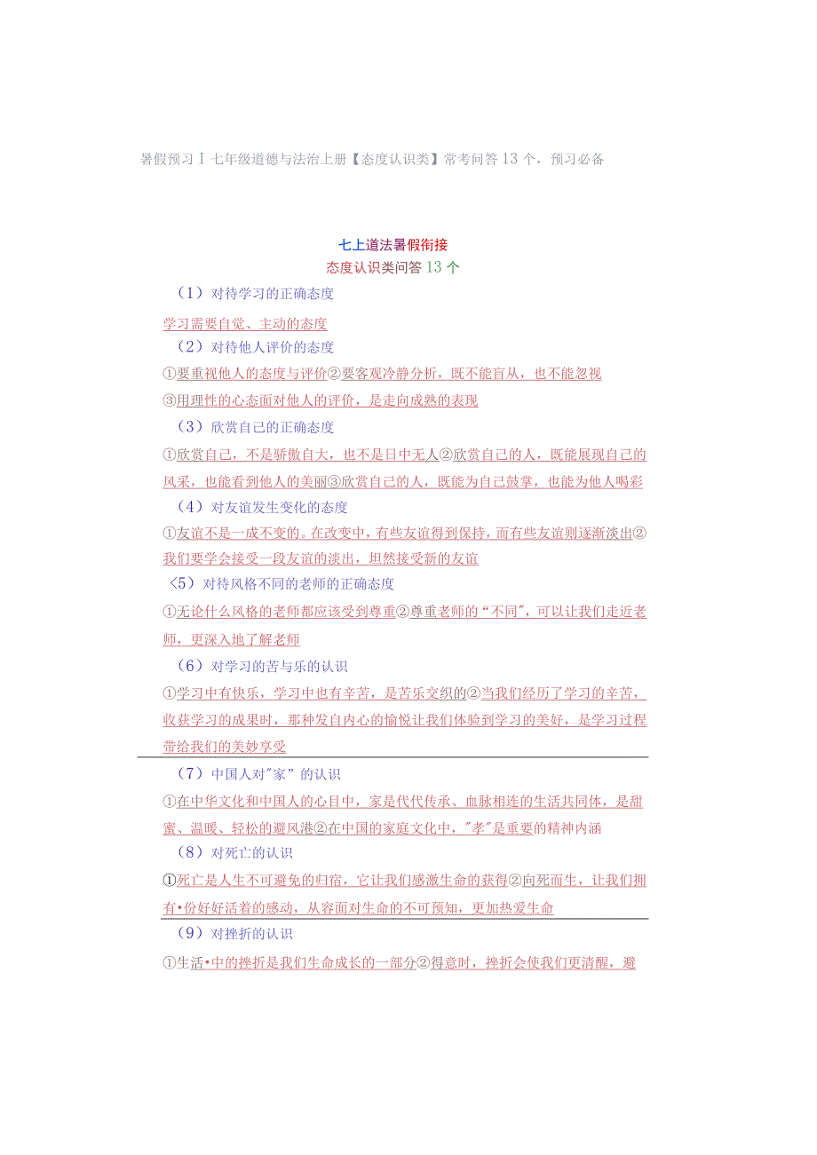 七年级道德与法治上册【态度认识类】常考问答13个预习必备.docx_第1页