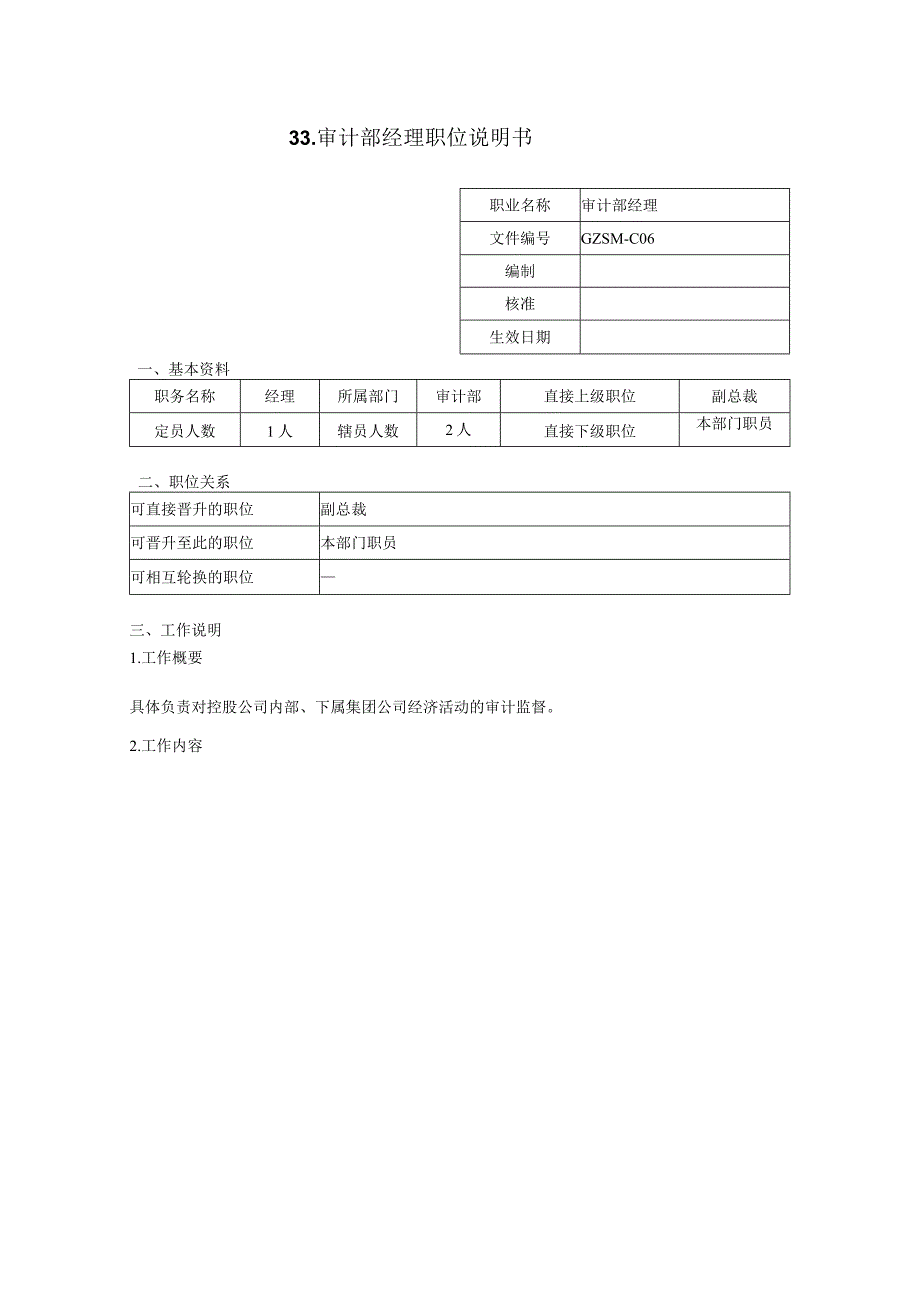 人力资源招聘资料：审计部经理职位说明书.docx_第1页