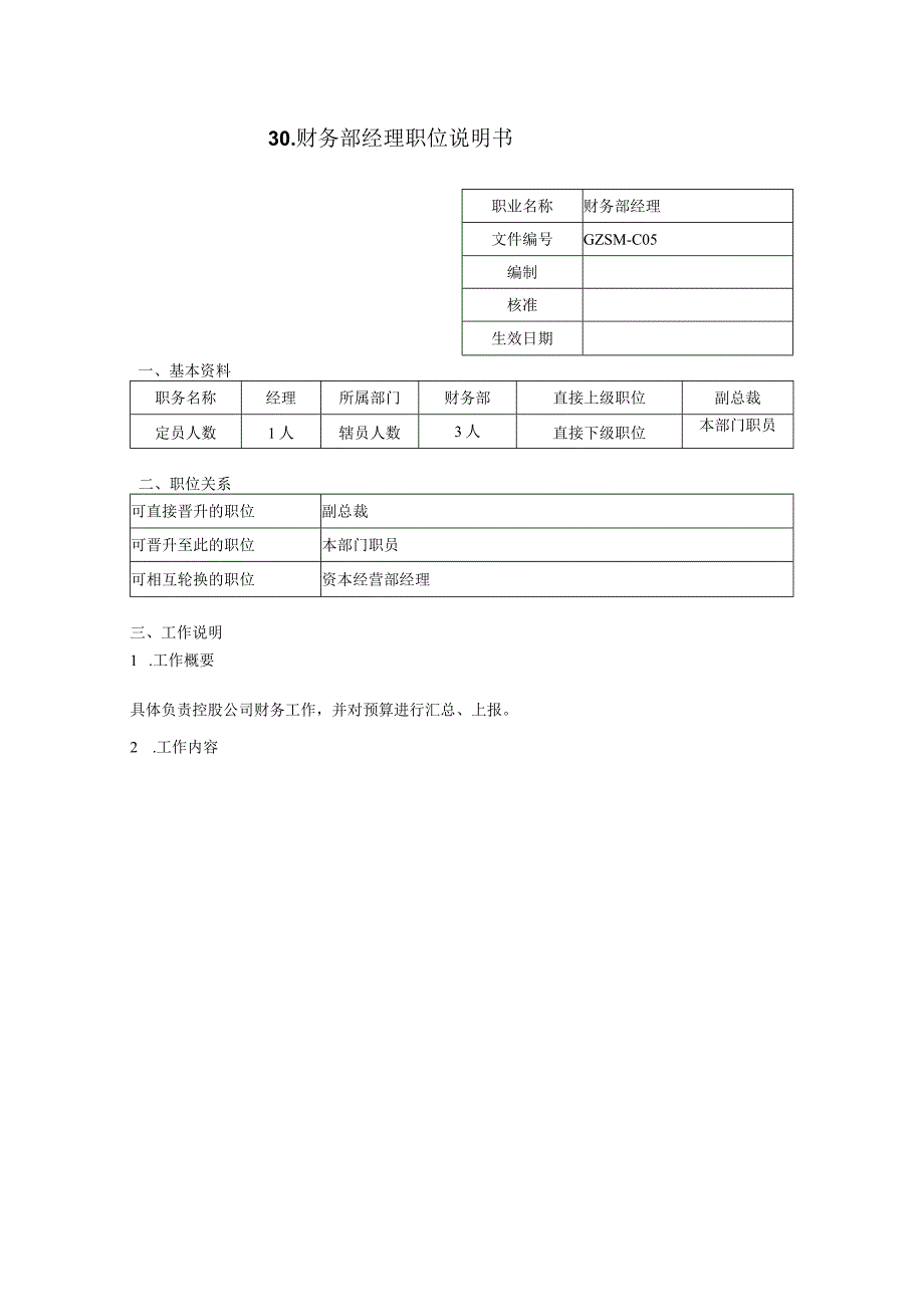 人力资源招聘资料：财务部经理职位说明书.docx_第1页