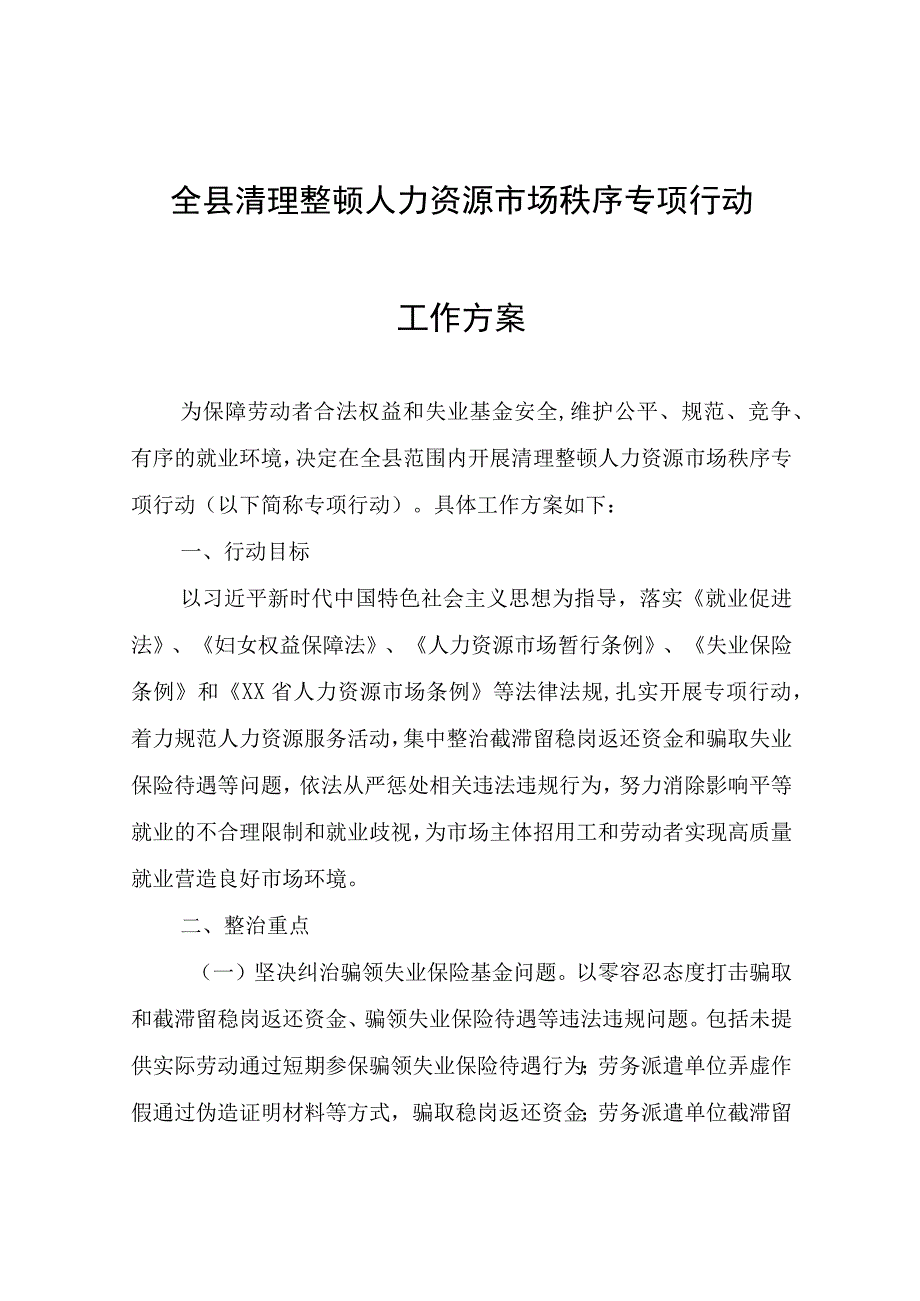 全县清理整顿人力资源市场秩序专项行动工作方案.docx_第1页