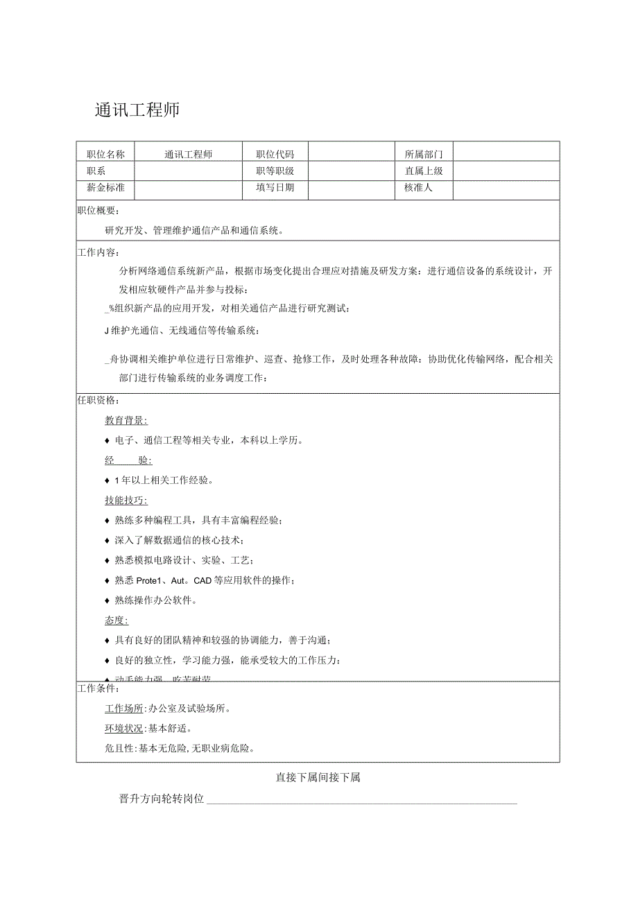 人力资源招聘资料：职位说明书：通讯工程师.docx_第1页