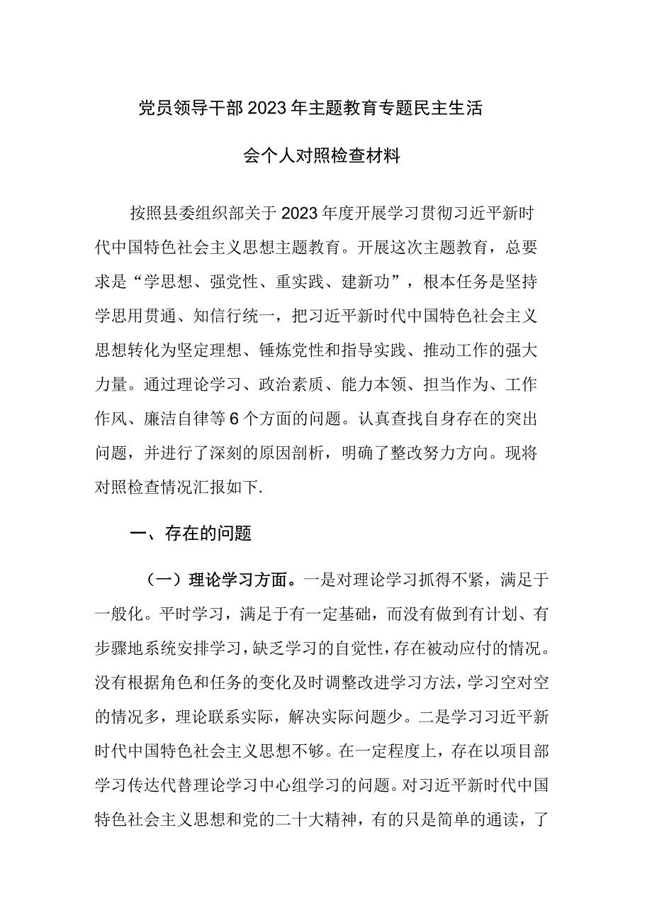 两篇：党员领导干部2023年主题教育专题民主生活会个人对照检查材料.docx_第1页