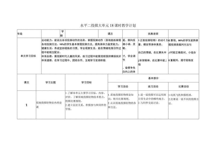 体育与健康（水平二）《投掷（18课时）》大单元教学计划.docx_第2页