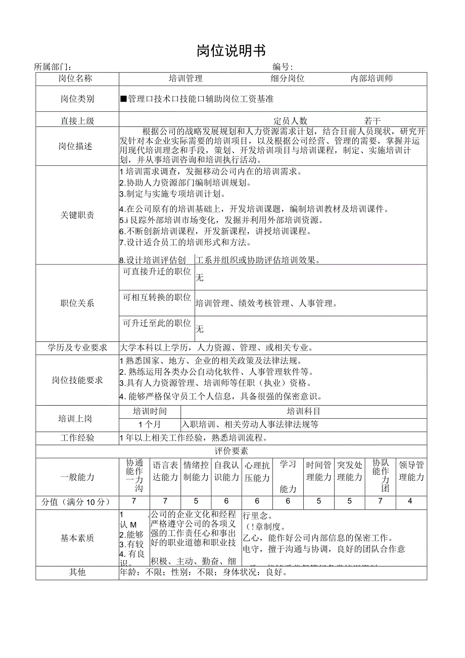 内部培训师岗位说明书.docx_第1页