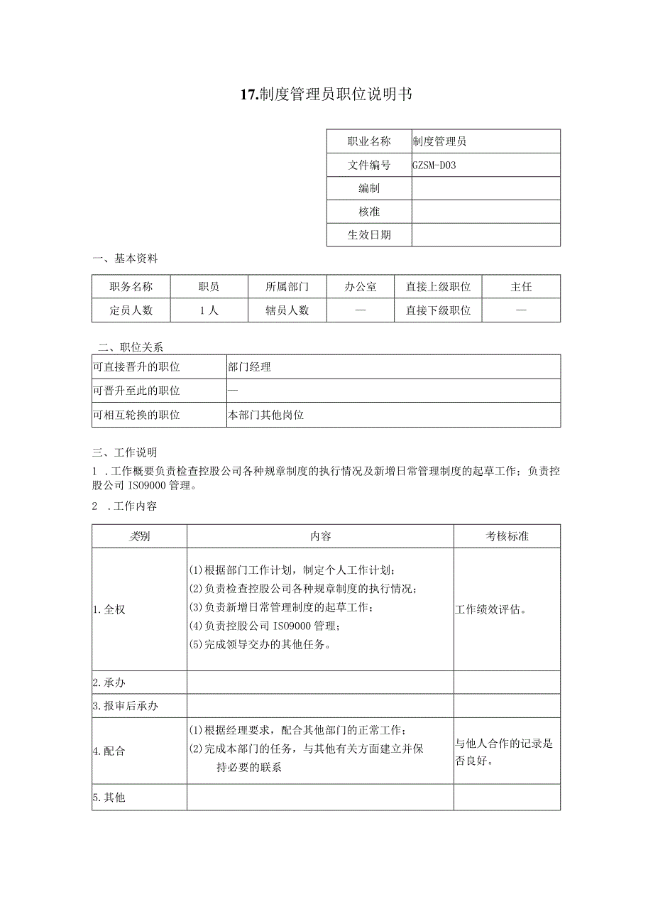 人力资源招聘资料：制度管理员职位说明书.docx_第1页