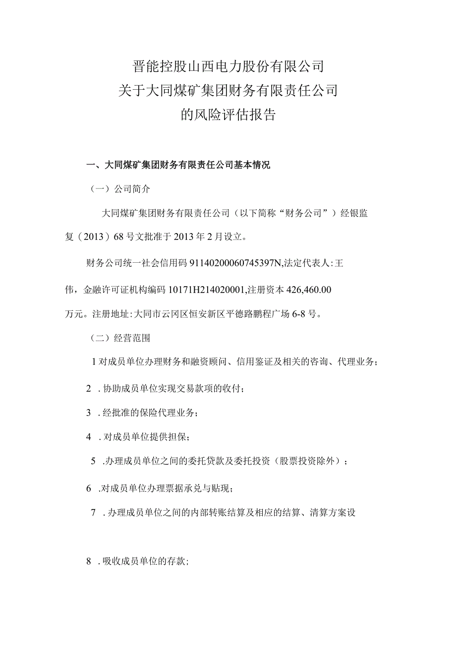 晋控电力：大同煤矿集团财务公司风险评估报告.docx_第1页