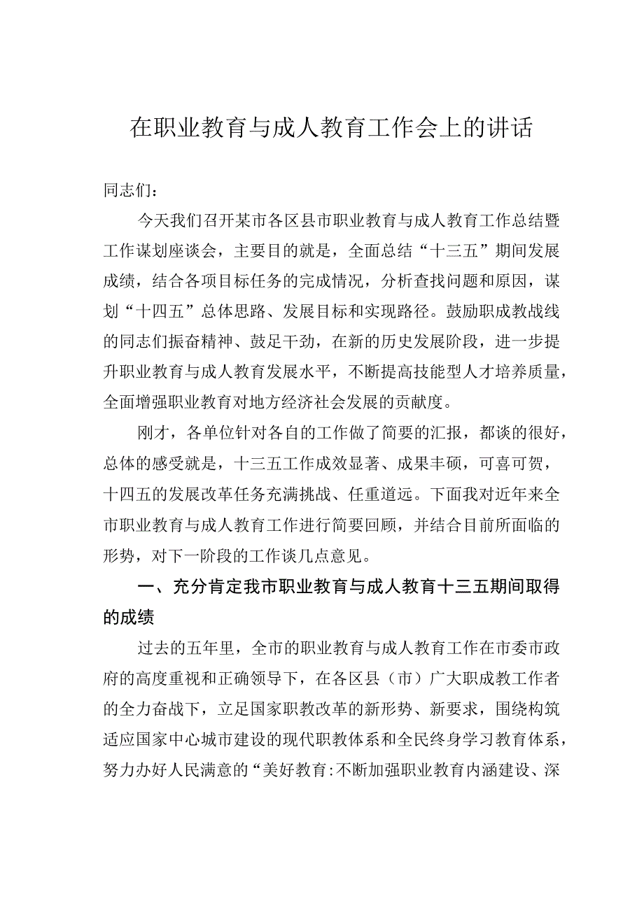 在职业教育与成人教育工作会上的讲话.docx_第1页