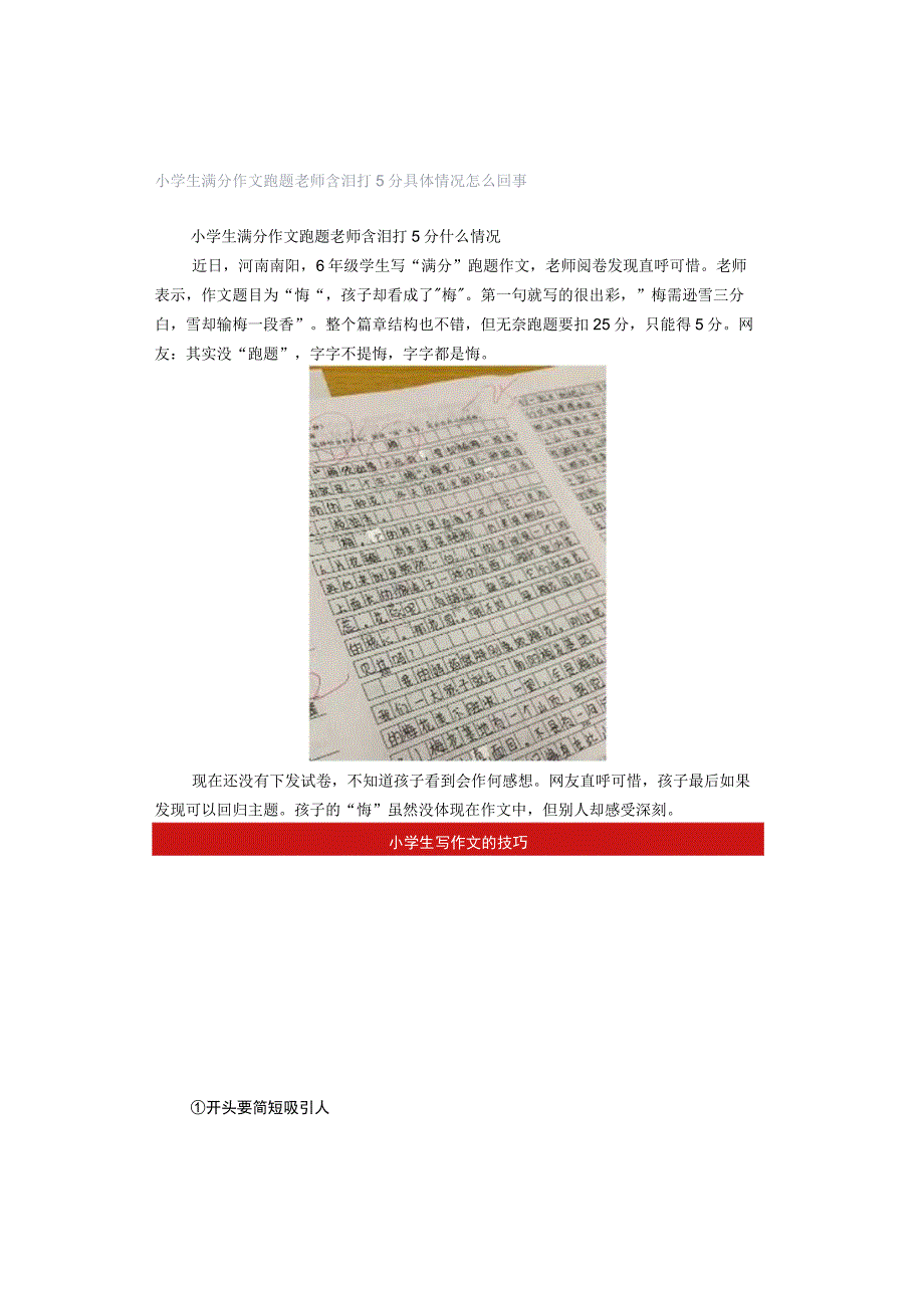 小学生满分作文跑题老师含泪打5分 具体情况怎么回事.docx_第1页