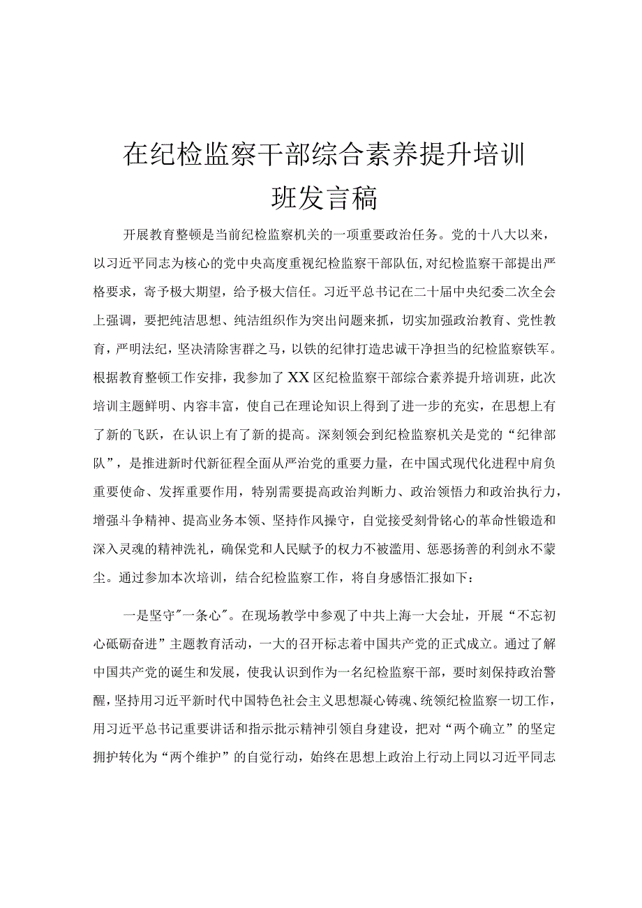 在纪检监察干部综合素养提升培训班发言稿.docx_第1页