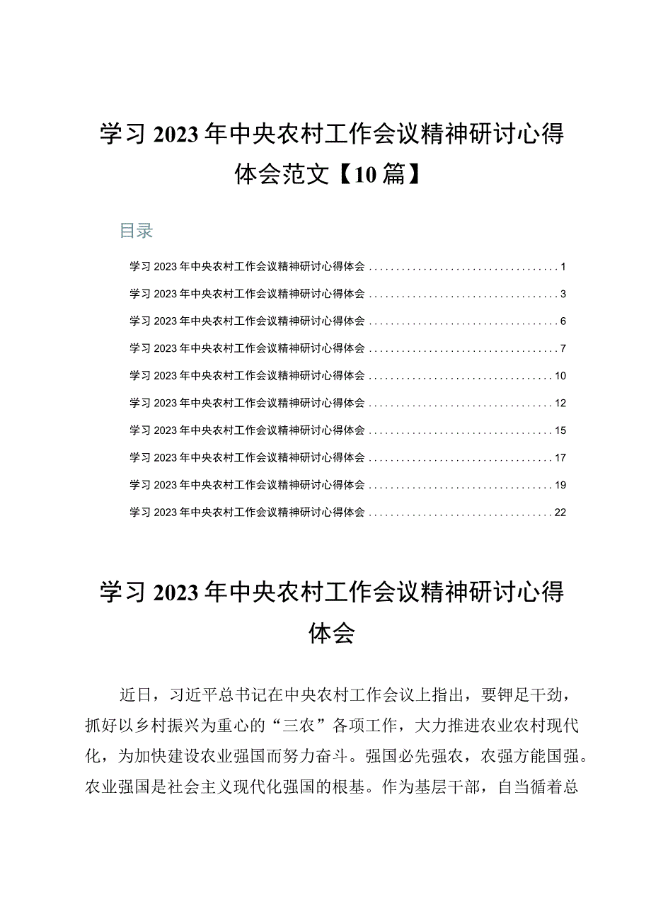 学习2023年中央农村工作会议精神研讨心得体会范文【10篇】.docx_第1页