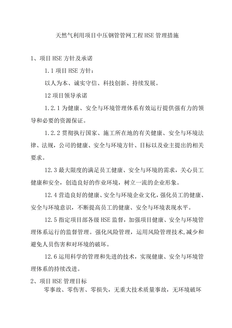 天然气利用项目中压钢管管网工程HSE管理措施.docx_第1页