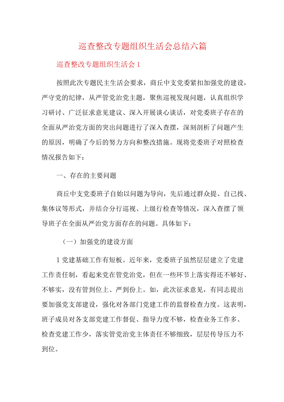 巡查整改专题组织生活会总结六篇.docx_第1页