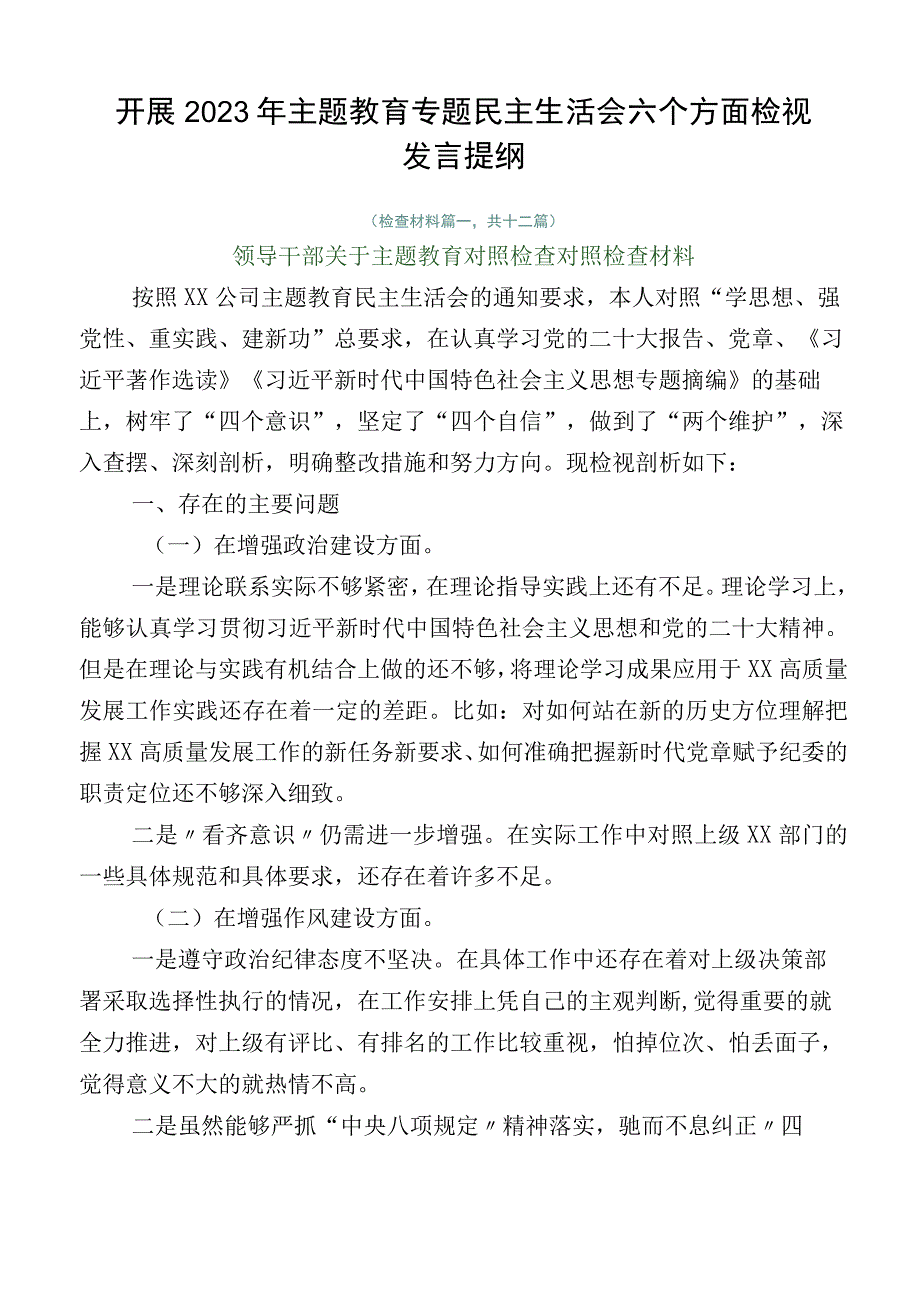 开展2023年主题教育专题民主生活会六个方面检视发言提纲.docx_第1页