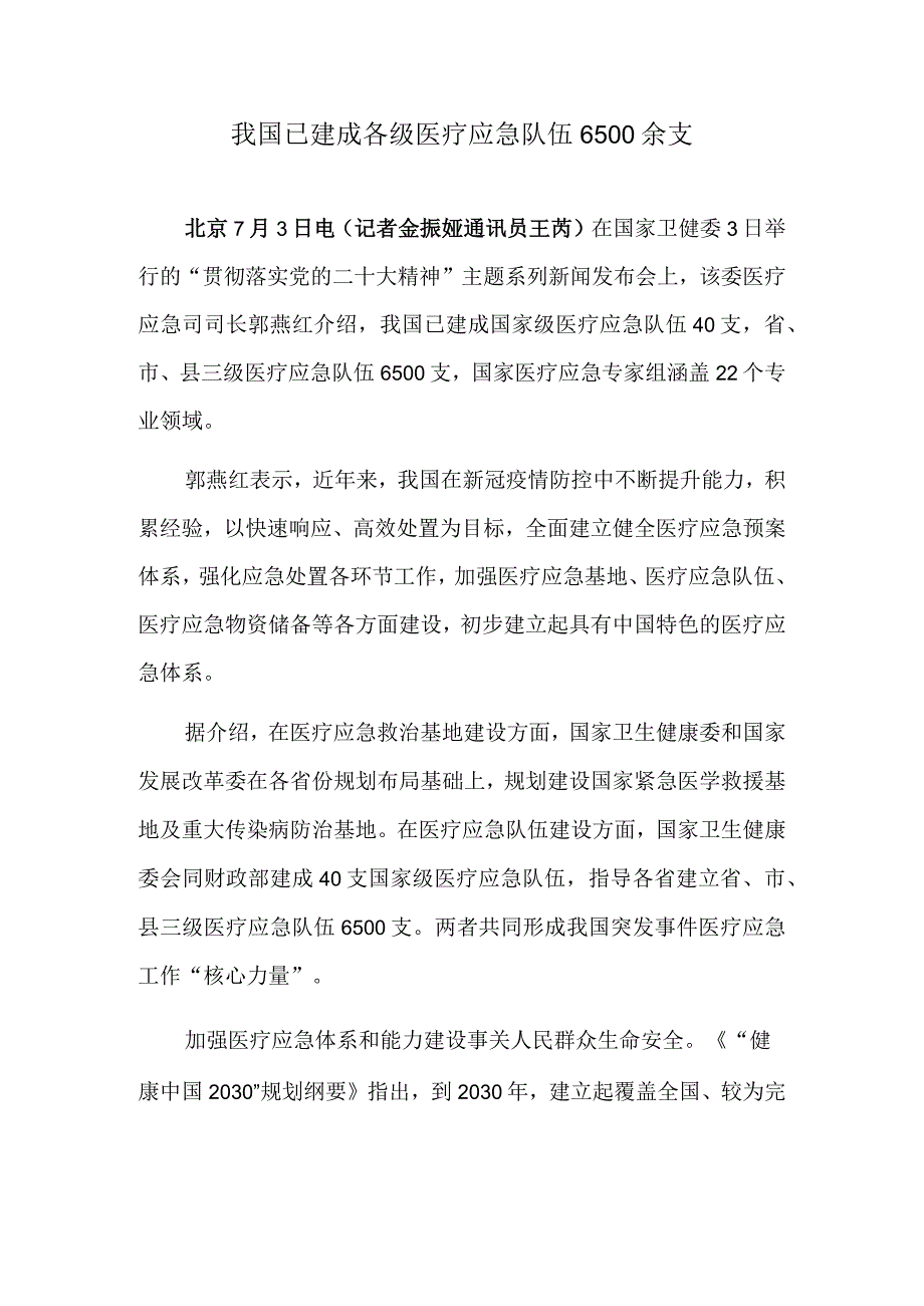 我国已建成各级医疗应急队伍6500余支.docx_第1页