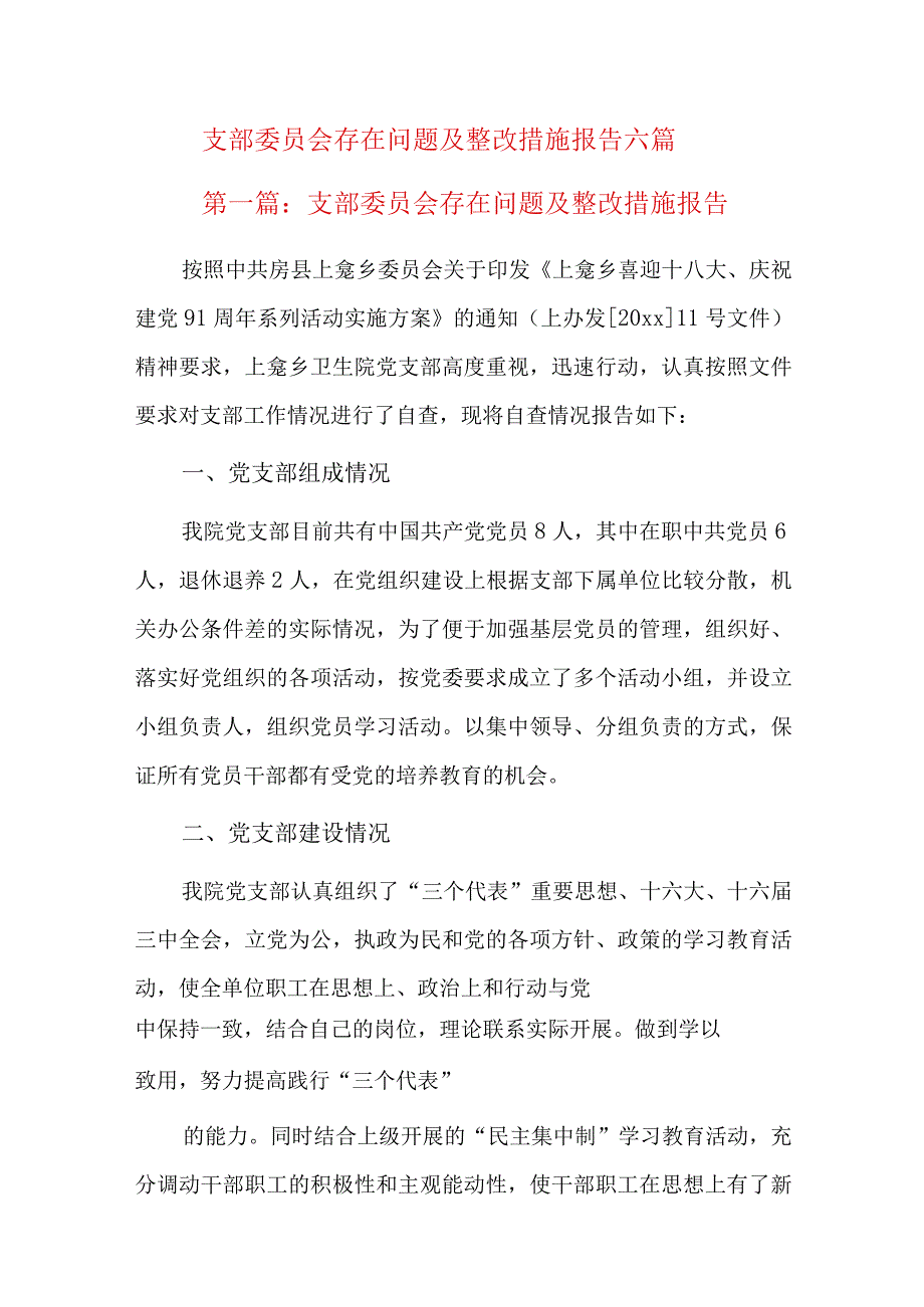 支部委员会存在问题及整改措施报告六篇.docx_第1页