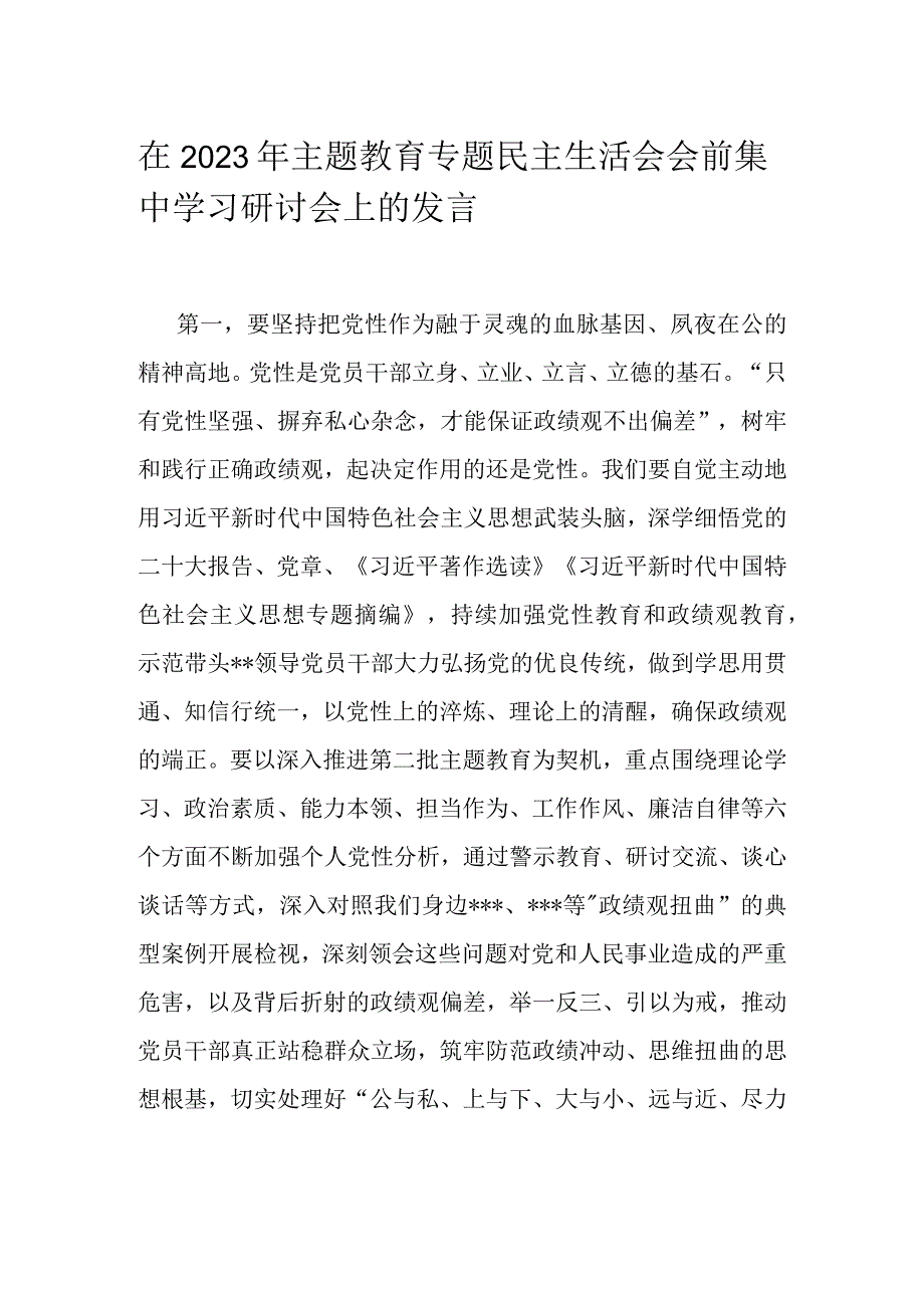 在2023年主题教育专题民主生活会会前集中学习研讨会上的发言.docx_第1页