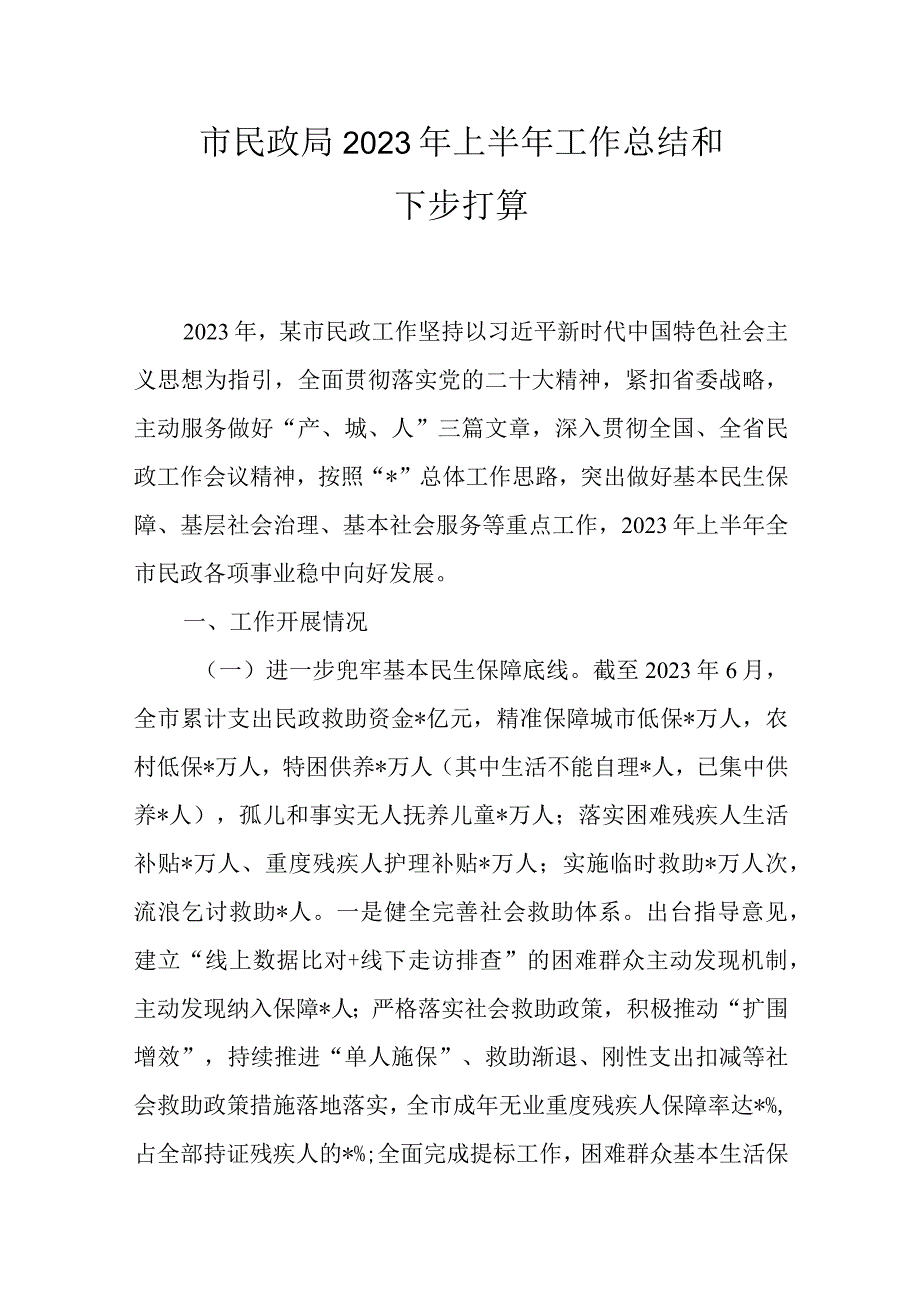 市民政局 2023 年上半年工作总结和下步打算.docx_第1页