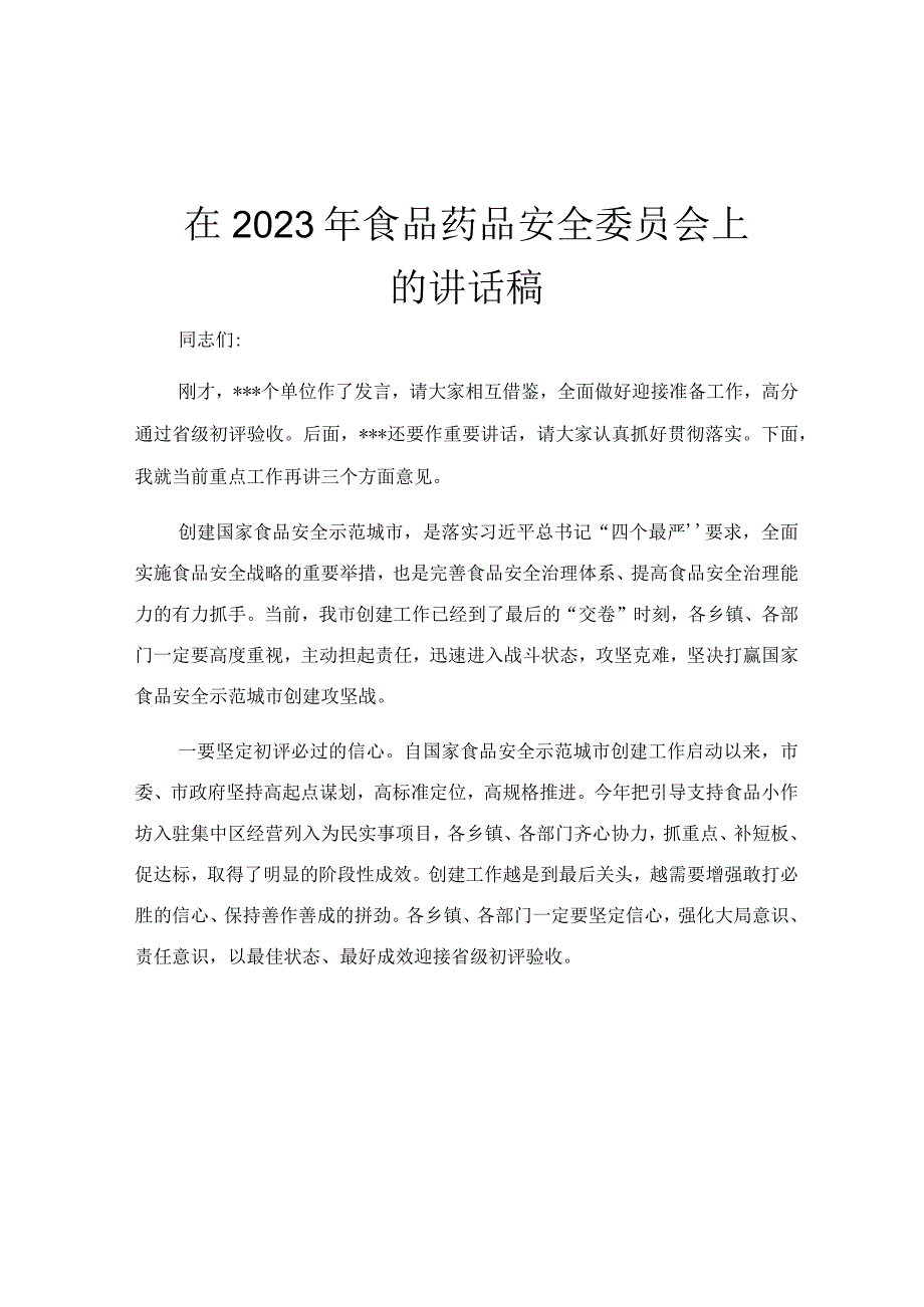 在2023年食品药品安全委员会上的讲话稿.docx_第1页